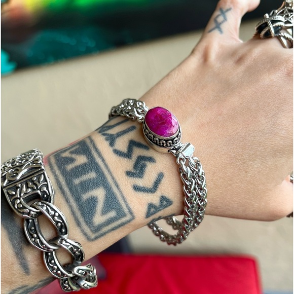 Genuine pink indian ruby gemstone stainless steel double chain boho bracelet - Picture 13 of 15